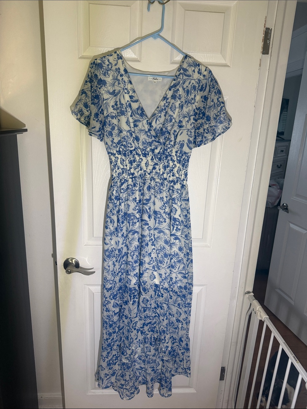Blue Floral Wrap Maxi Dress with Smocked Waist